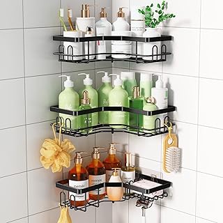 3 Pack Black Corner Shower Caddies with Hooks and Soap Holder