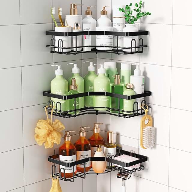 3 Pack Black Corner Shower Caddies with Hooks and Soap Holder
