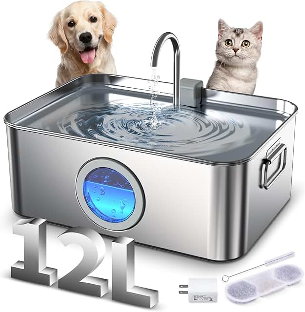 Large Stainless Steel Pet Water Fountain with LED