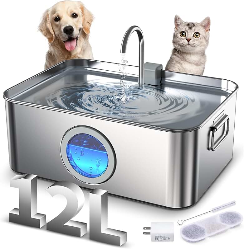 Large Stainless Steel Pet Water Fountain with LED