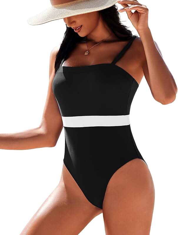 Women's Color Block One Piece Swimsuit, Square Neck, Vintage Style