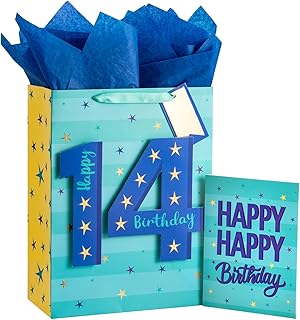 Blue birthday gift bag with tissue paper and tag