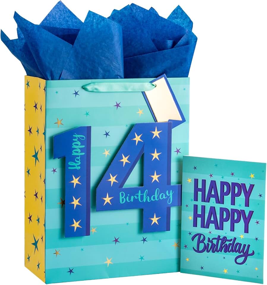 Blue birthday gift bag with tissue paper and tag
