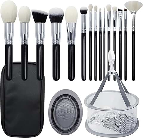 15-Piece Goat Hair Makeup Brush Set with Cleaning Tools