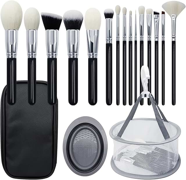 15-Piece Goat Hair Makeup Brush Set with Cleaning Tools