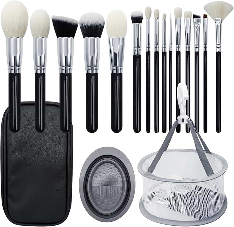 15-Piece Goat Hair Makeup Brush Set with Cleaning Tools