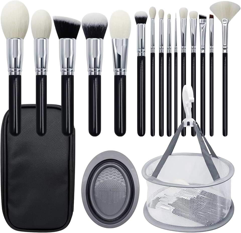 15-Piece Goat Hair Makeup Brush Set with Cleaning Tools