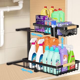 Large Adjustable Under Sink Organizer with 2 Tiers and Hooks