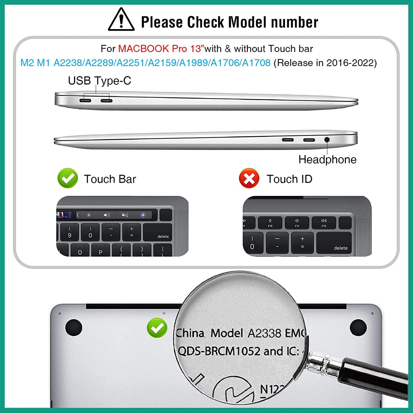 Compatible with 2022 M2 MacBook Pro 13 inch Case 2021 2020 Release M1 A2338 A2289 A2251 A2159 A1989 A1706 A1708 Protective Hard Case with Keyboard Cover, Screen Protector - Crystal Clear