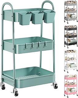 Three-Tier Green Metal Rolling Cart with Lockable Wheels