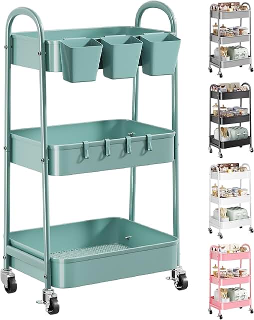 Three-Tier Green Metal Rolling Cart with Lockable Wheels