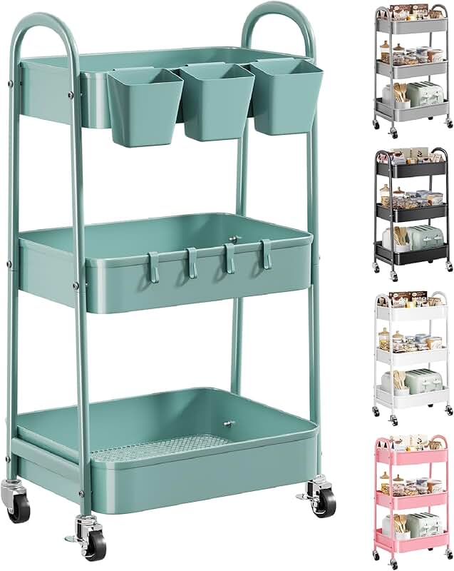 Three-Tier Green Metal Rolling Cart with Lockable Wheels
