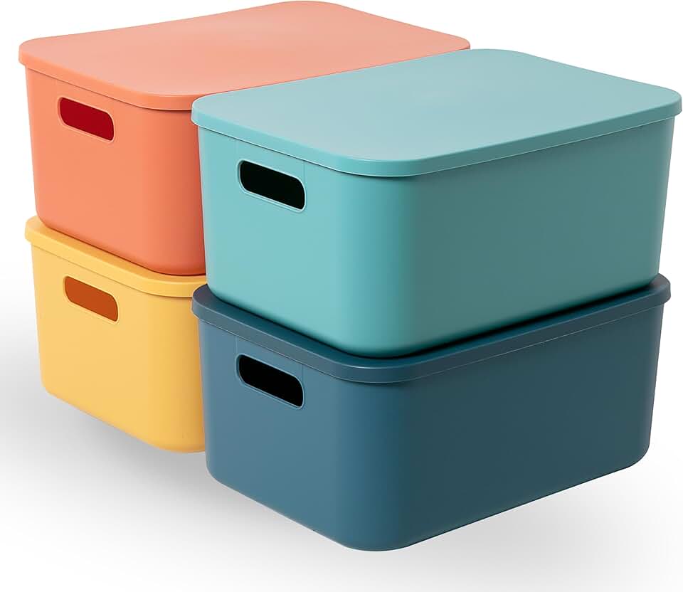 Set of four medium plastic storage bins with lids