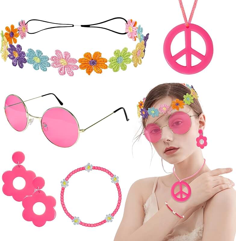 Hippie Costume Accessories Set with Peace Sign Necklace Sunglasses Flower Headband Earrings