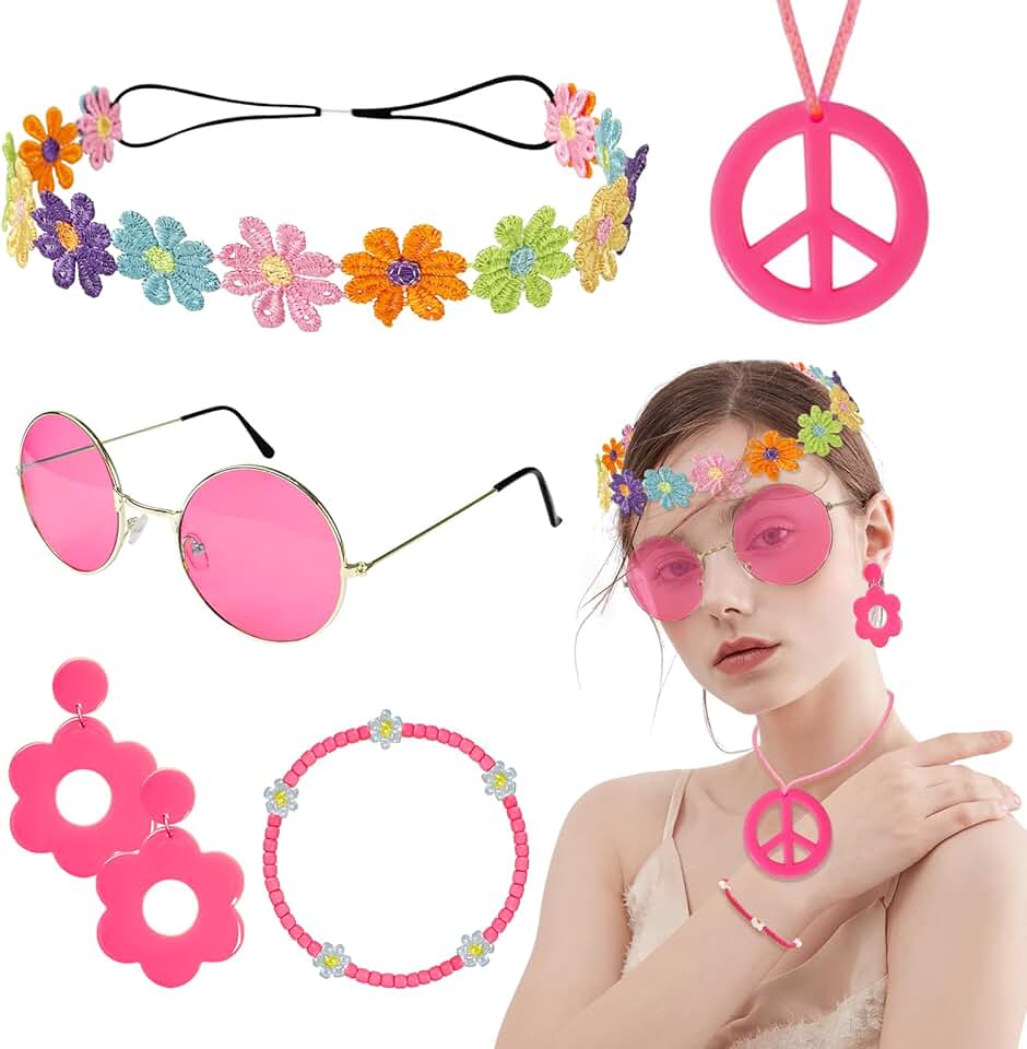 Hippie Costume Accessories Set with Peace Sign Necklace Sunglasses Flower Headband Earrings