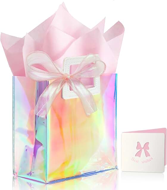 Pink iridescent gift bag with handles and tissue paper