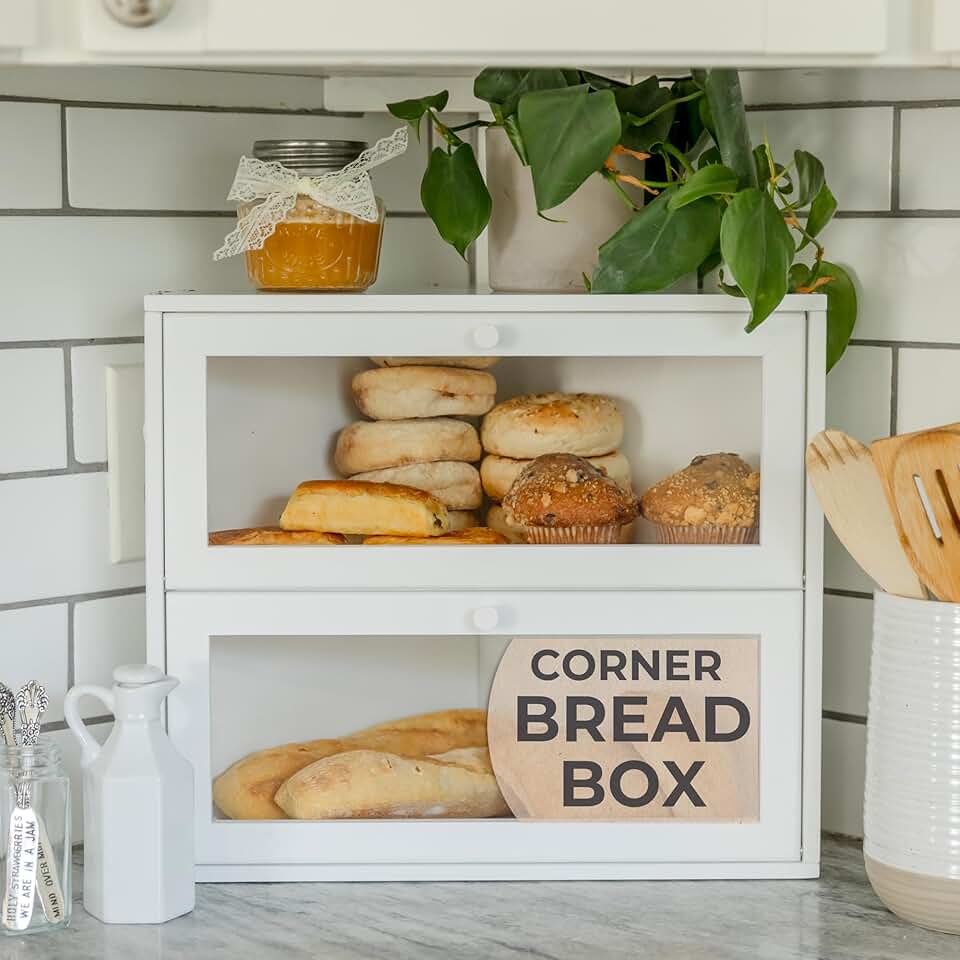 Large Double Layer White Bread Box for Kitchen Counter