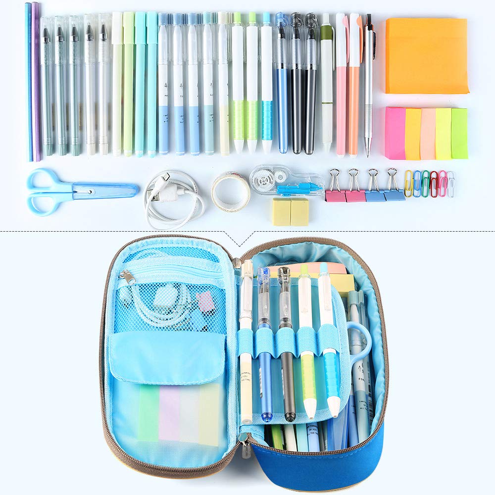 Large Blue Pencil and Makeup Case with Double Zippers