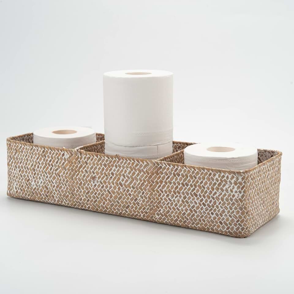 Whitewash Seagrass Toilet Tank Basket with 3 Sections