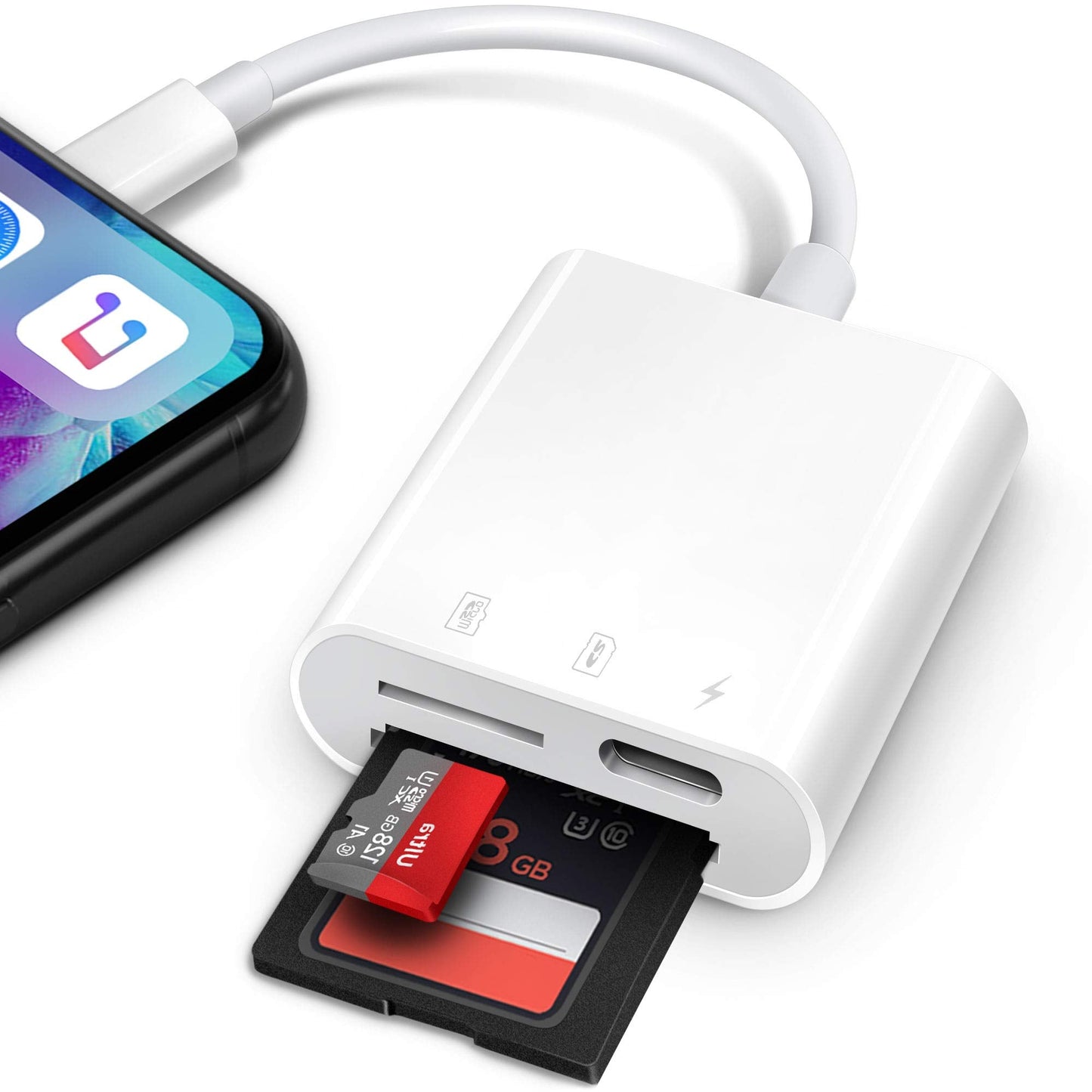 SD Card Reader for iPhone, 2 in 1 SD Card Reader for iPhone iPad Camera, SD Card Adapter Reader for Trail Game Camera DSLR Dash Cams SD Card Reader, Portable No App Required