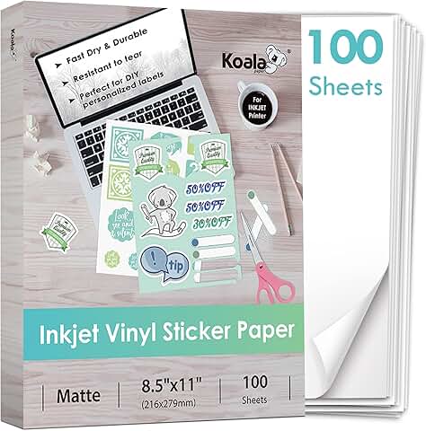 Printable Vinyl Sticker Paper for Inkjet Printers, 100 Sheets