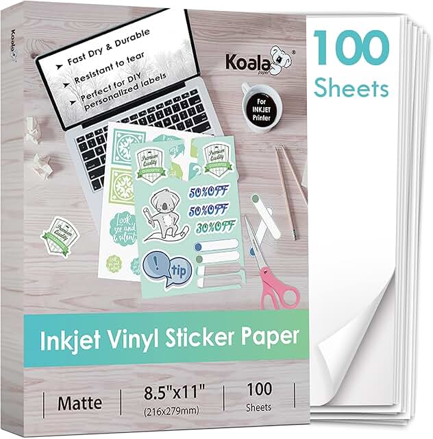 Printable Vinyl Sticker Paper for Inkjet Printers, 100 Sheets