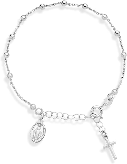 Sterling Silver Italian Rosary Cross Bead Chain Bracelet