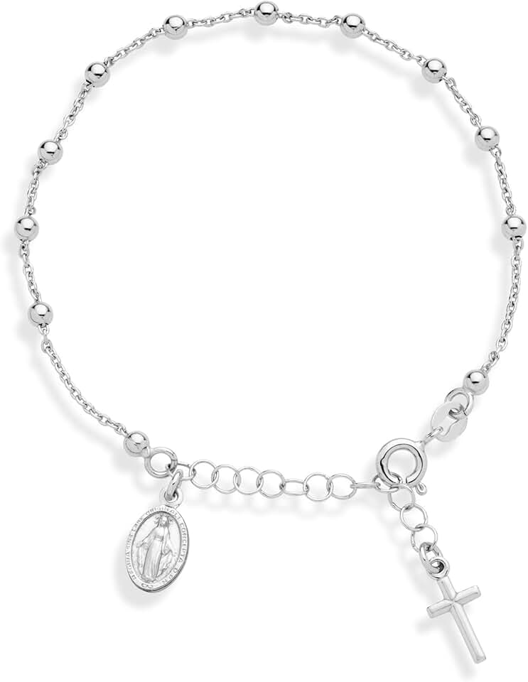 Sterling Silver Italian Rosary Cross Bead Chain Bracelet