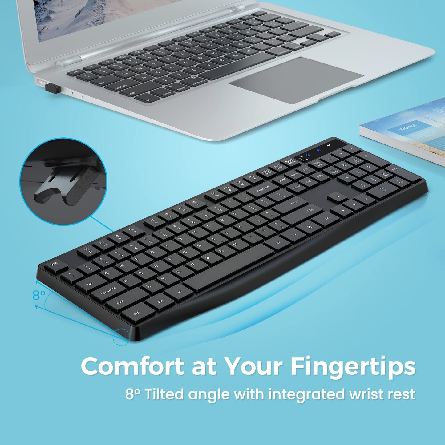 MK98 Wireless Keyboard, 2.4G Ergonomic Wireless Computer Keyboard, Enlarged Indicator Light, Full Size PC Keyboard with Numeric Keypad for Laptop, Desktop, Surface, Chromebook, Notebook, Black