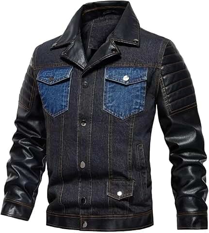Men's Vintage Denim Trucker Jacket with Leather Patch and Pockets