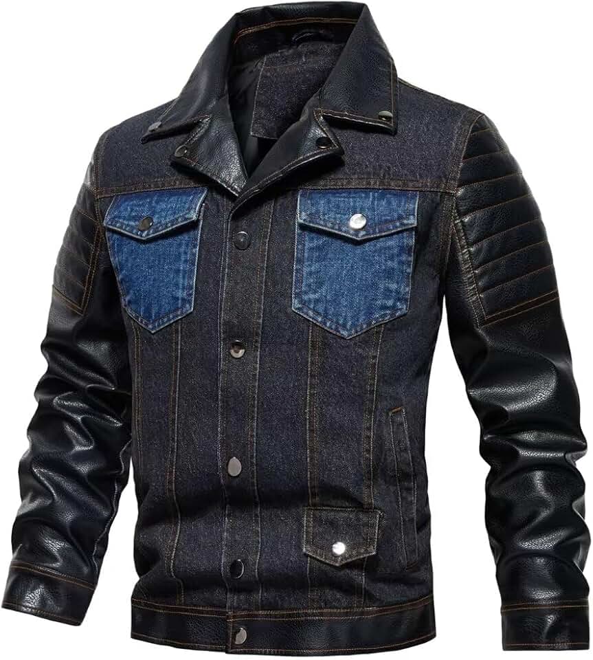 Men's Vintage Denim Trucker Jacket with Leather Patch and Pockets