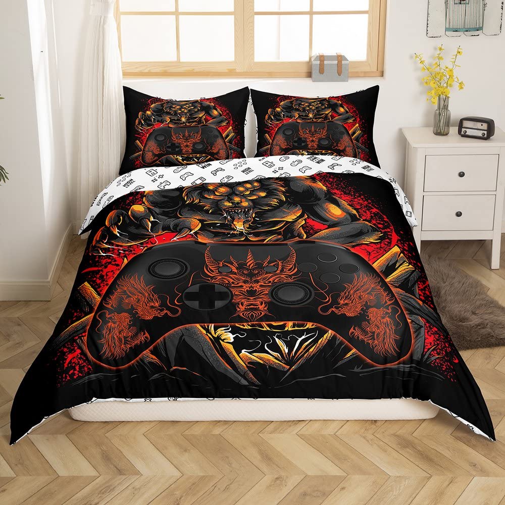 Gamer Bedding Sets for Boys Gamer Room Decor Games Duvet Cover Set Gaming Comforter Cover for Kids Teen Bedroom Dragon Gamepad Bedspreads Cover with 2 Pillow Cases Full Size