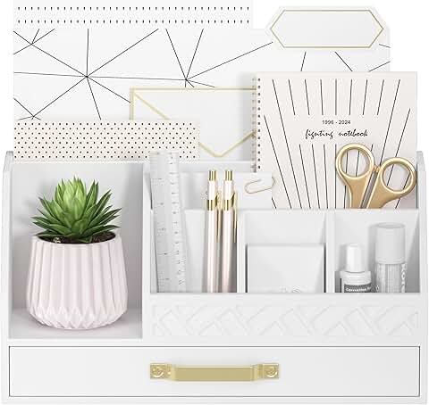 White bamboo desk organizer with drawers