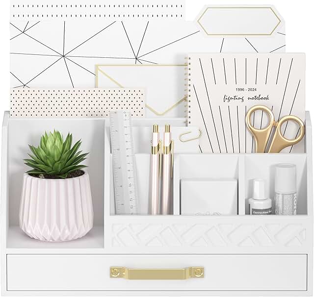 White bamboo desk organizer with drawers