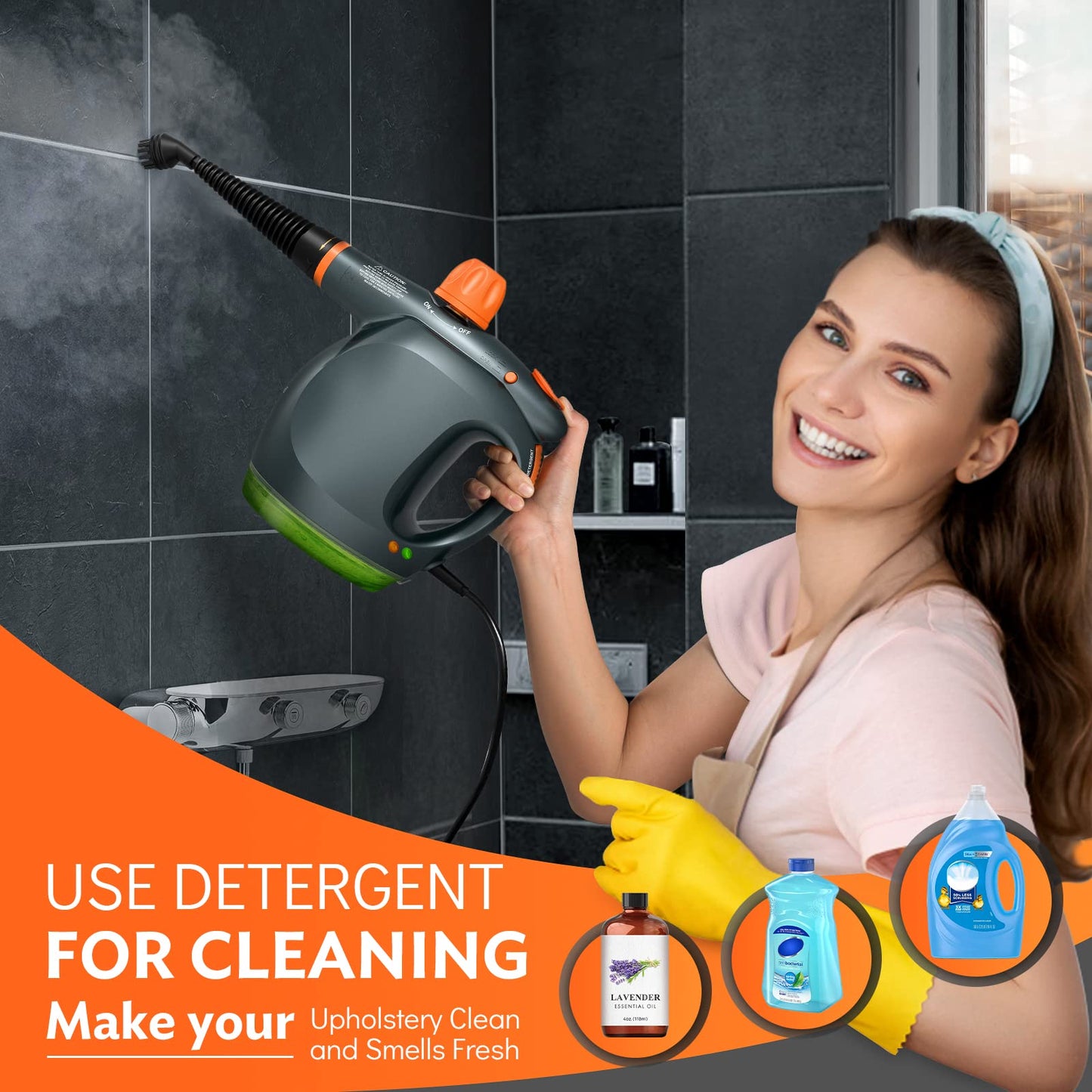 1250W Powerful Handheld Steam Cleaner with Deter t Container and Safety Lock, Multifunctional and Pressurized Hand Held Steamer for Kitchen, Bathroom, Windows and Floors, Steamer for Cleaning