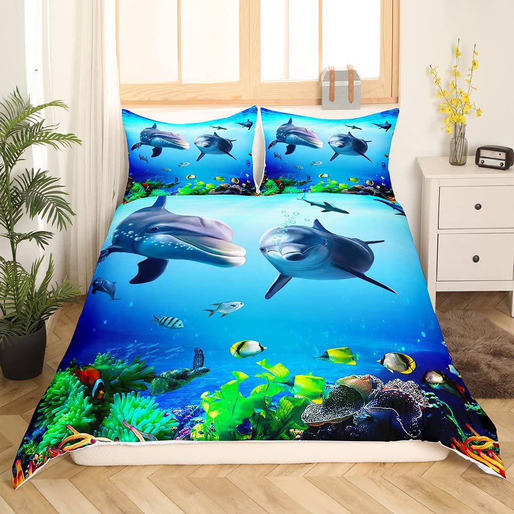 Dolphin Bedding Set Ocean Marine Themed Comforter Cover for Kids Boys Girls Teens Sea Creatures Duvet Cover Breathable H aiian Sealife Blue Bedspread Cover Sea Animal Room Decor Quilt Cover Twin