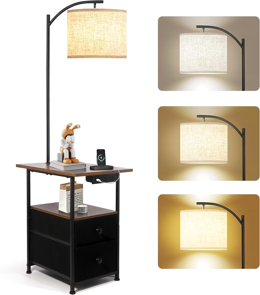 Floor lamp with table, drawers, reading light, USB and charging ports
