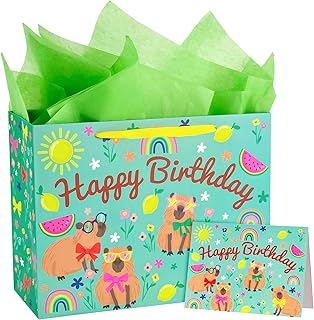 Capybara Birthday Gift Bags with Tissue and Card