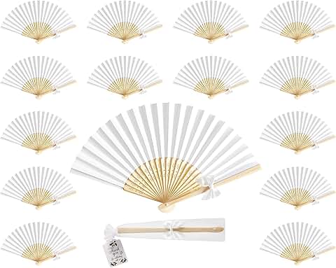 50 White Wedding Hand Fans with Tags and Bows