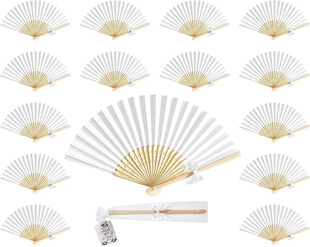 50 White Wedding Hand Fans with Tags and Bows