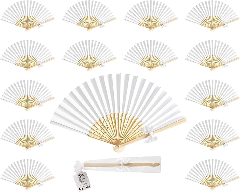 50 White Wedding Hand Fans with Tags and Bows