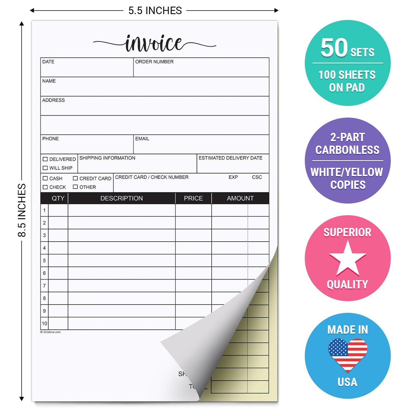 Small 2-Part Invoice Pad, 5.5x8.5, 50 Sets