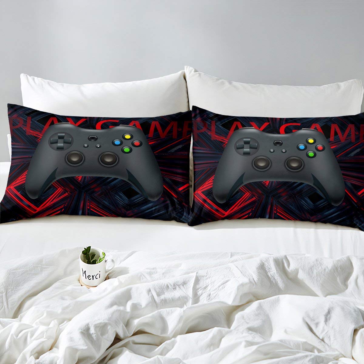 Gaming Bedding Set Gamepad Duvet Cover Queen Kids Boys Girls Gamepad Comforter Videogame Controller Quilt Cover,Modern Decorative 3 Pcs Bedding Set with 2 Pillow Shams,Black
