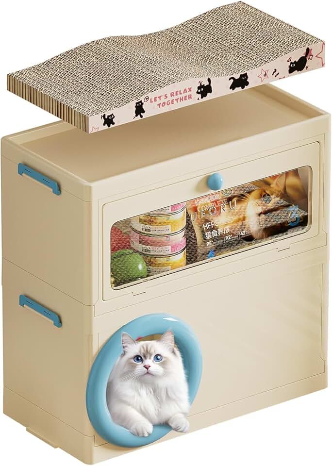 3-in-1 Foldable Cat House with Scratching Board and Storage