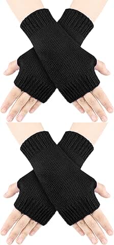Two Pairs of Warm Knit Fingerless Gloves for Men and Women