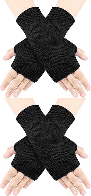 Two Pairs of Warm Knit Fingerless Gloves for Men and Women