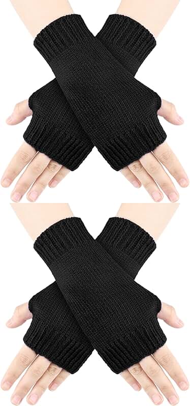 Two Pairs of Warm Knit Fingerless Gloves for Men and Women