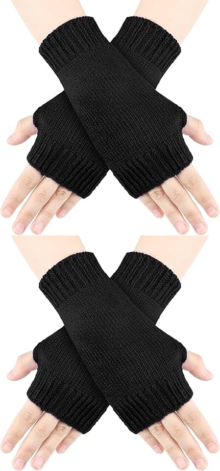 Two Pairs of Warm Knit Fingerless Gloves for Men and Women