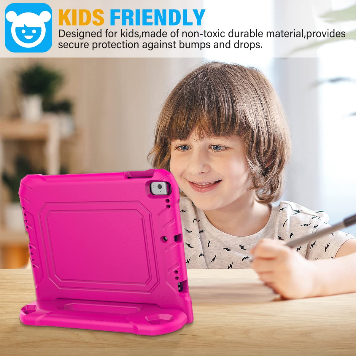 Kids Case for iPad 5th/6th Generation (9.7 inch, 2017/2018), iPad Air 1 & Air 2 & Pro 9.7 Case with Screen Protector, Durable Shockproof Protective Cover with Handle Stand, Pink