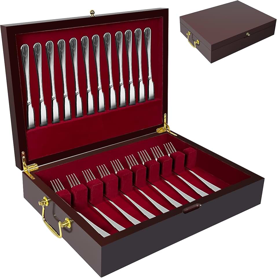 Wooden Silverware Storage Box with Handle and Felt Lining